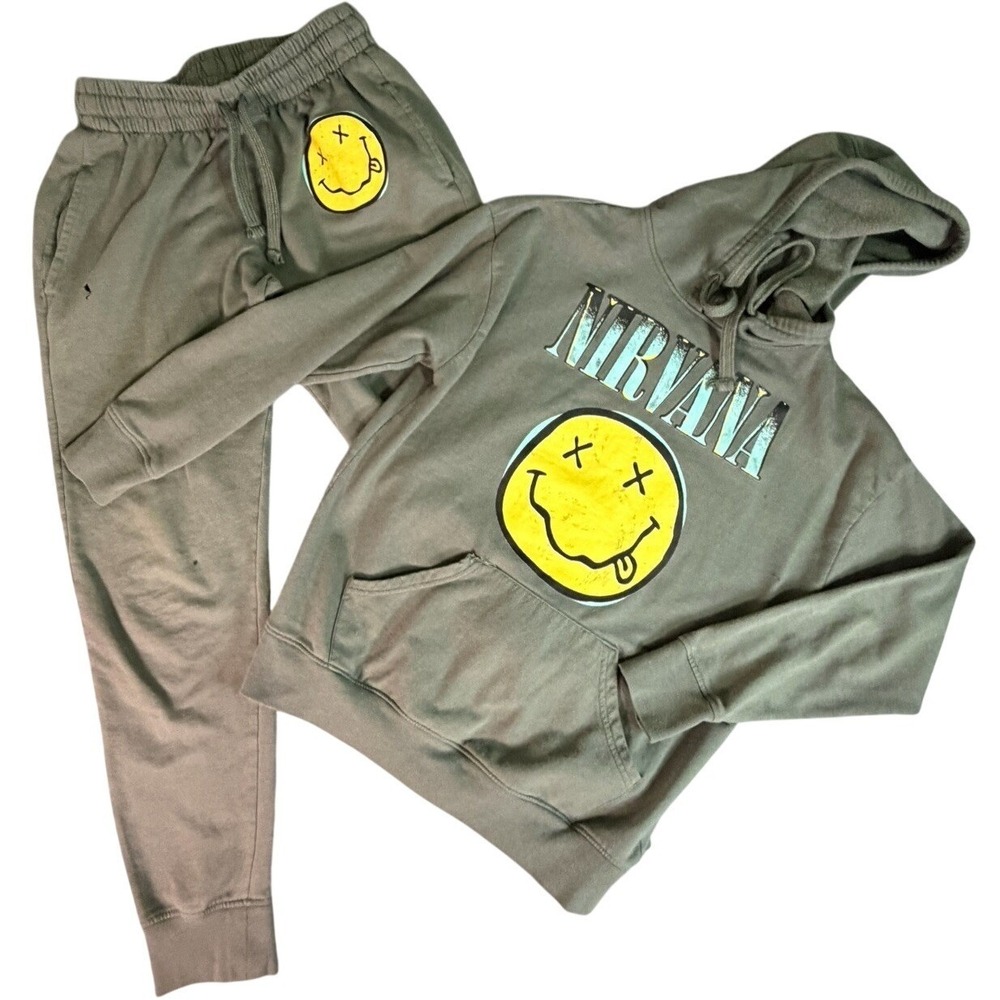 Nirvana Smiley Face Hoodie Sweatshirt and Jogger Pants Set Green XS Grunge 90s